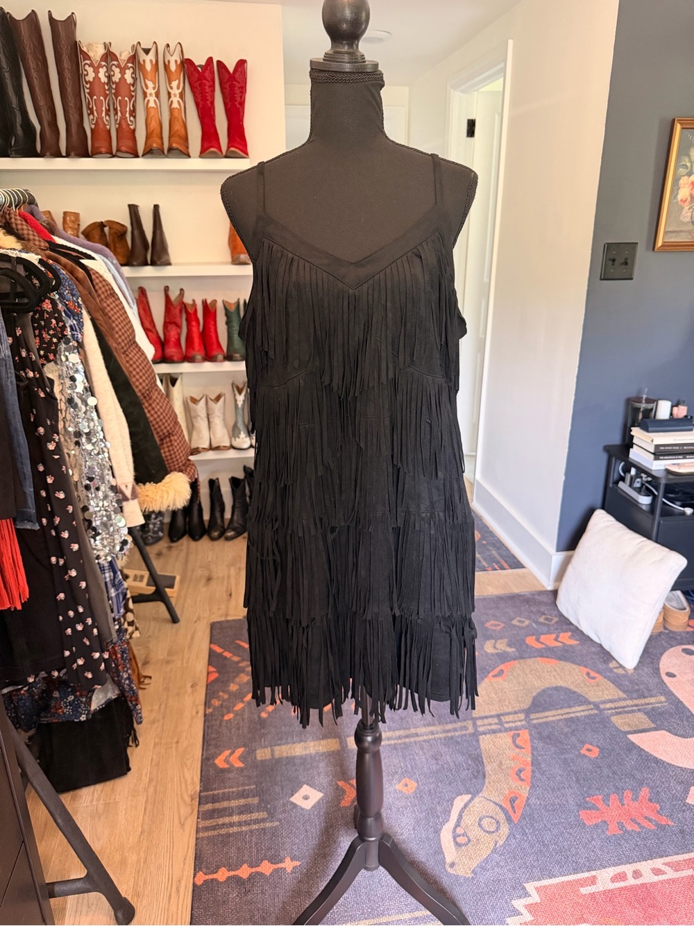 Idyllwind Black Faux Suede Tiered Fringe Mini Dress